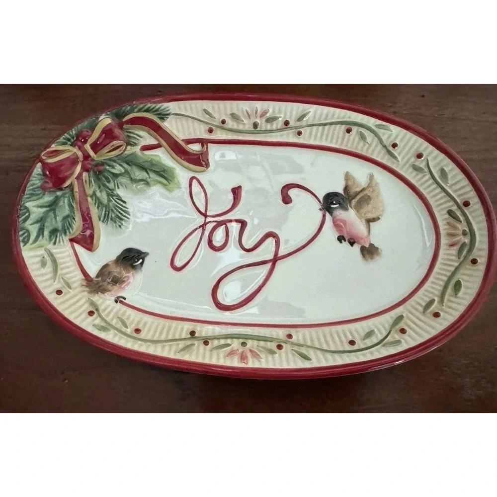 Fitz and Floyd Santa's Forest Friends Joy Sentiment Tray Christmas Bird Platter